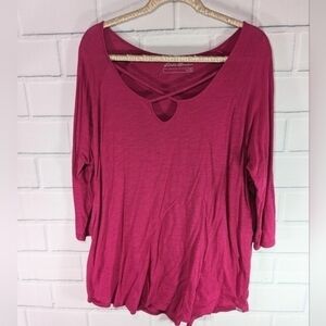 Eddie Bauer Bright Pink Cross Front 3/4 Sleeve Top